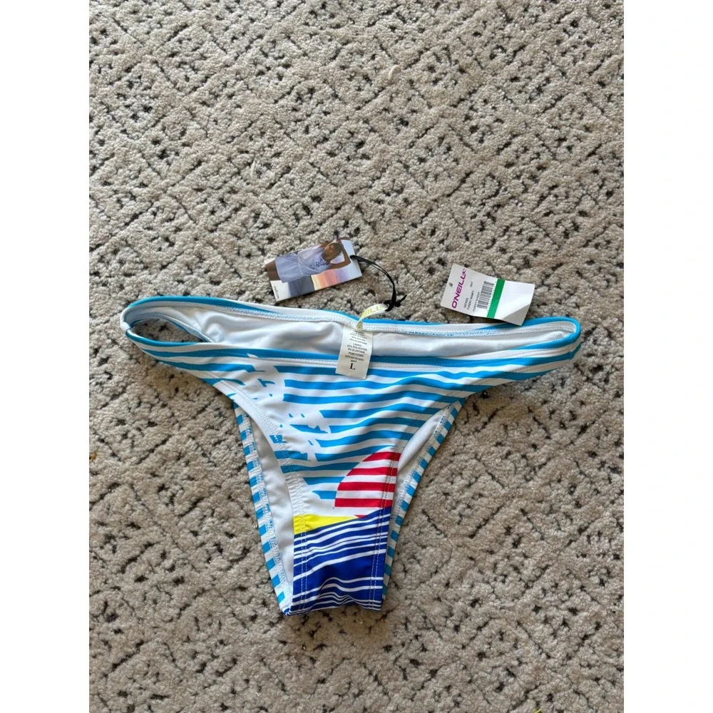 O'Neill Funday Skimpy Bikini Bottom Blue White Striped Sun Graphic‎ 10474025 L